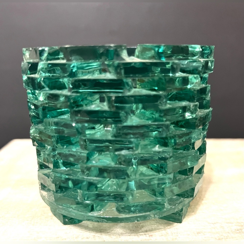 Vtg Hand Made Recycled Glass Candle Holder, Green (different colors in light)💫